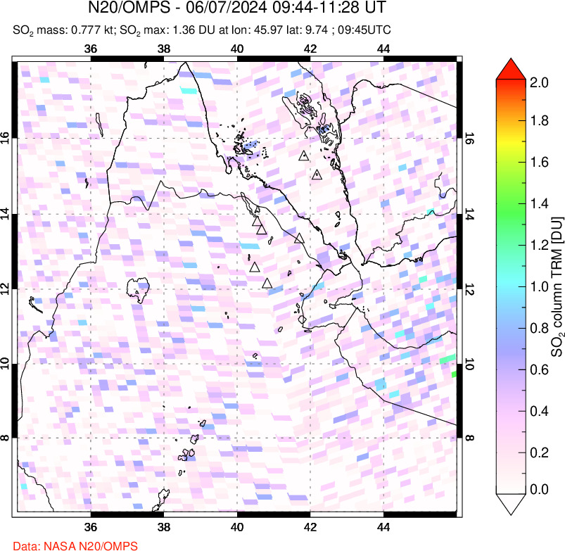 A sulfur dioxide image over Afar and southern Red Sea on Jun 07, 2024.