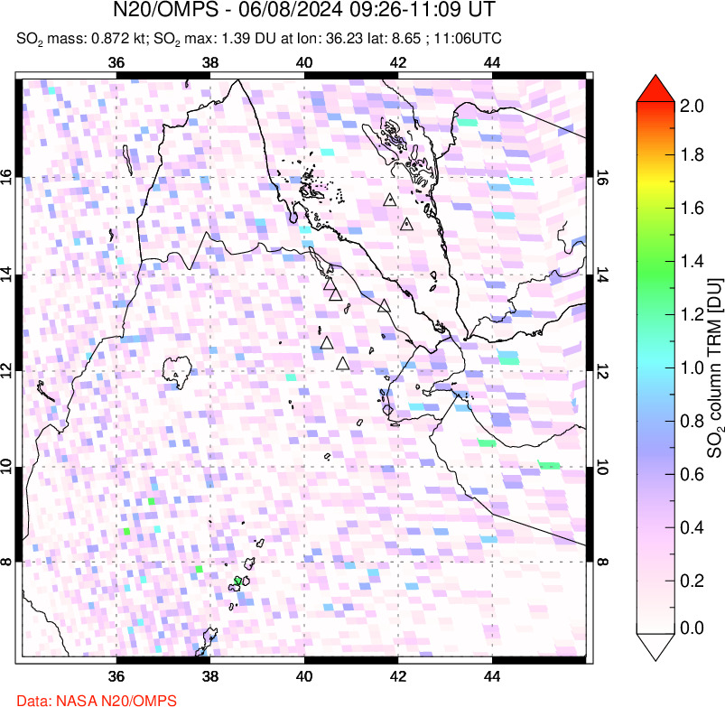 A sulfur dioxide image over Afar and southern Red Sea on Jun 08, 2024.