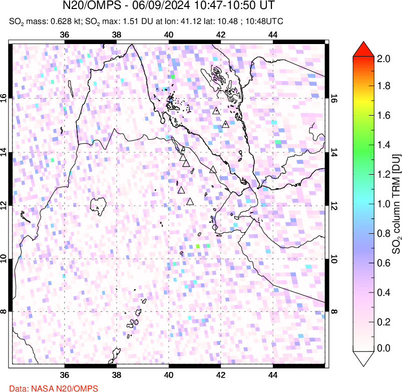 A sulfur dioxide image over Afar and southern Red Sea on Jun 09, 2024.