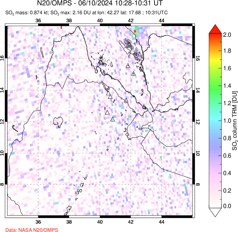 A sulfur dioxide image over Afar and southern Red Sea on Jun 10, 2024.