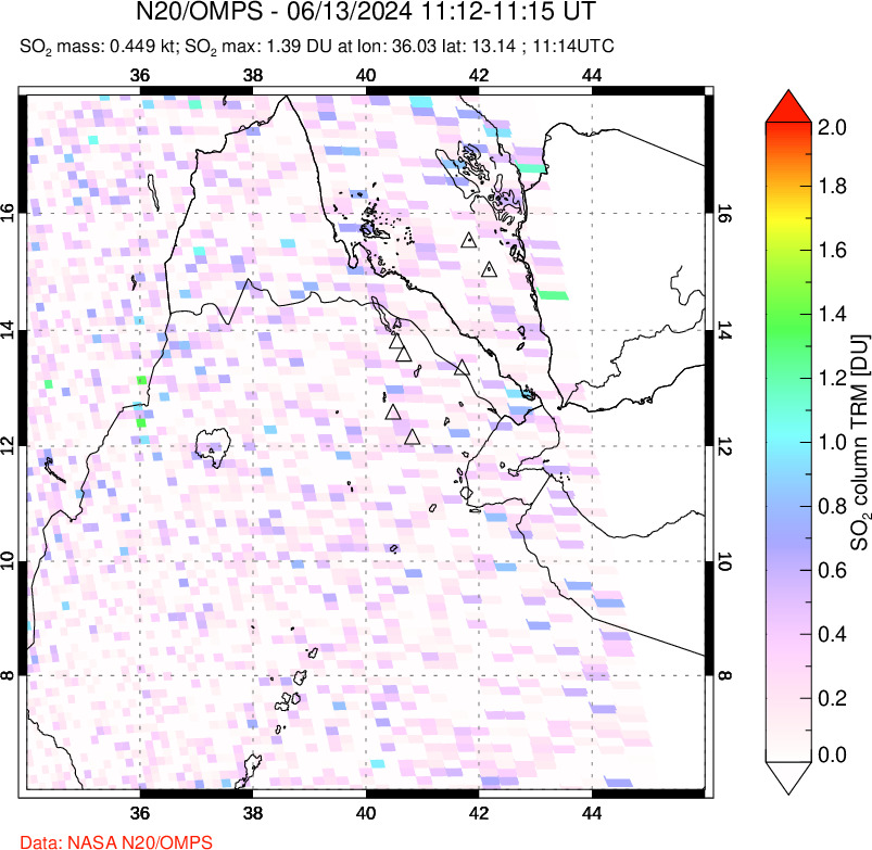 A sulfur dioxide image over Afar and southern Red Sea on Jun 13, 2024.