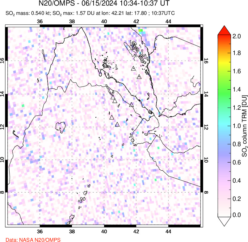 A sulfur dioxide image over Afar and southern Red Sea on Jun 15, 2024.