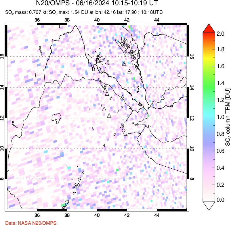 A sulfur dioxide image over Afar and southern Red Sea on Jun 16, 2024.