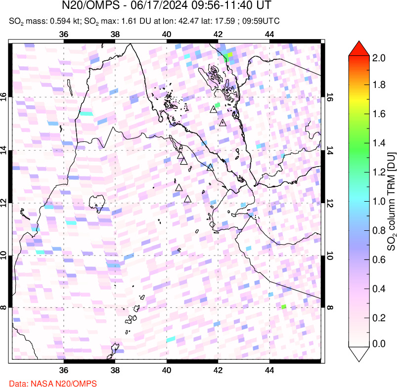 A sulfur dioxide image over Afar and southern Red Sea on Jun 17, 2024.