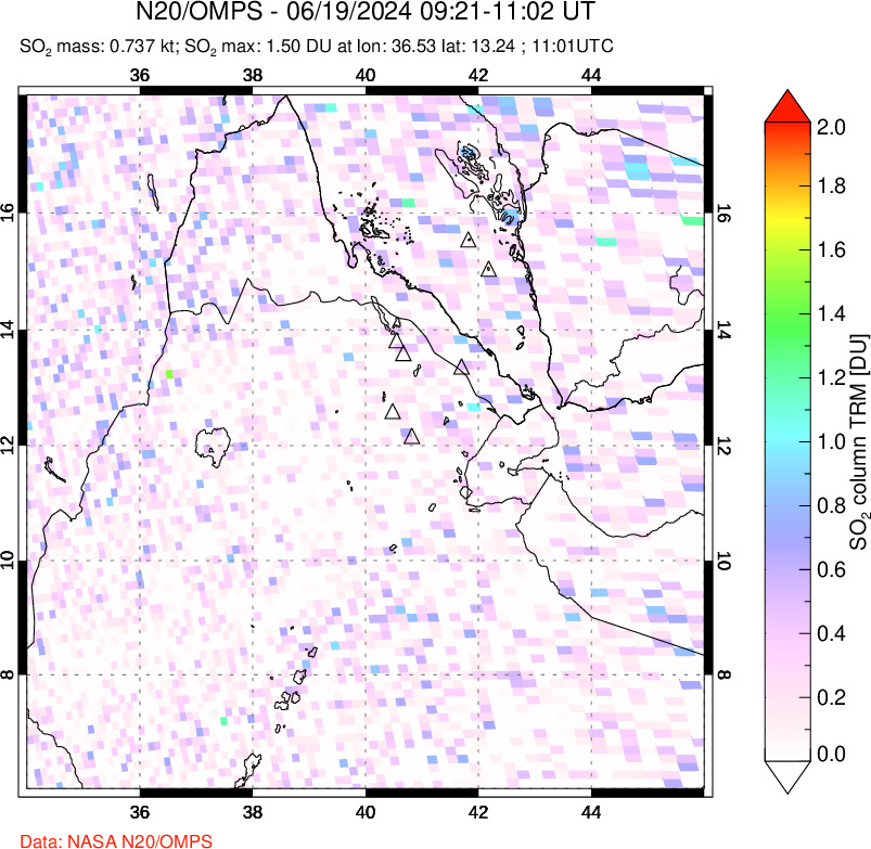 A sulfur dioxide image over Afar and southern Red Sea on Jun 19, 2024.