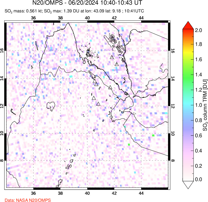 A sulfur dioxide image over Afar and southern Red Sea on Jun 20, 2024.