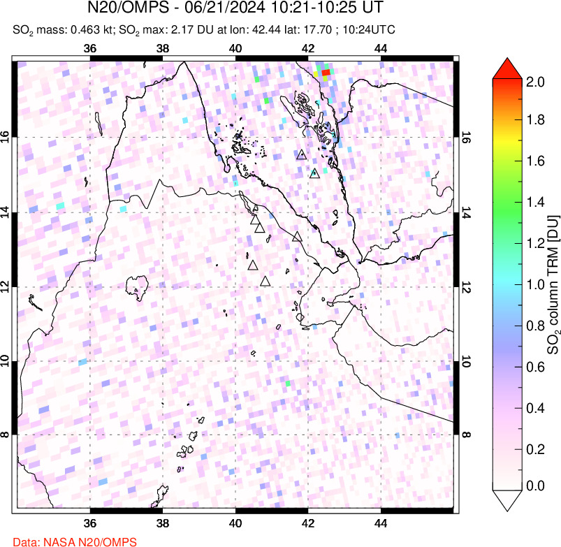 A sulfur dioxide image over Afar and southern Red Sea on Jun 21, 2024.