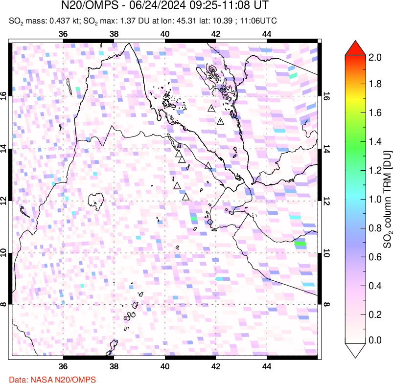 A sulfur dioxide image over Afar and southern Red Sea on Jun 24, 2024.