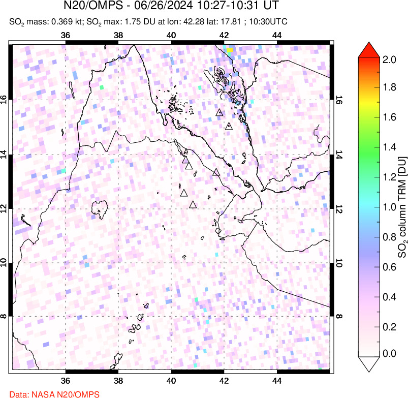 A sulfur dioxide image over Afar and southern Red Sea on Jun 26, 2024.