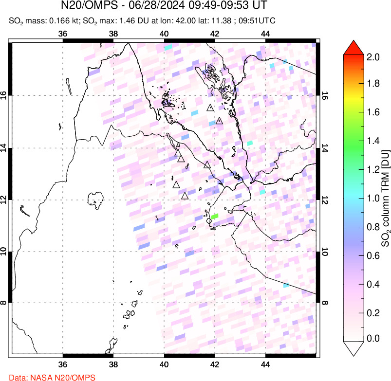 A sulfur dioxide image over Afar and southern Red Sea on Jun 28, 2024.