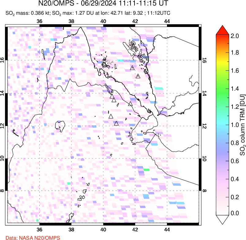 A sulfur dioxide image over Afar and southern Red Sea on Jun 29, 2024.