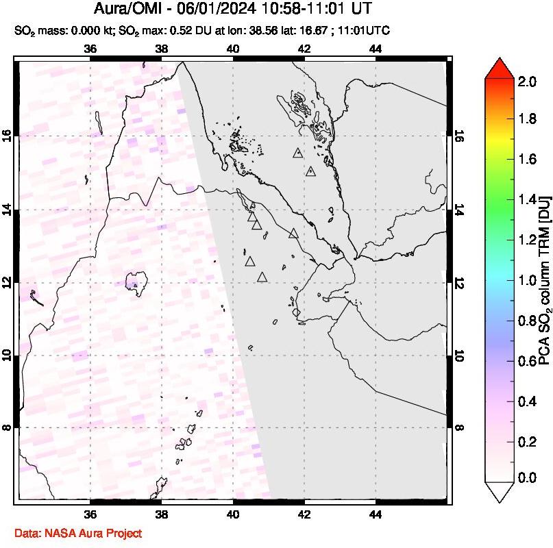 A sulfur dioxide image over Afar and southern Red Sea on Jun 01, 2024.