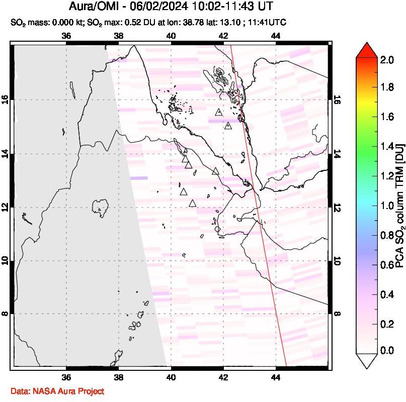 A sulfur dioxide image over Afar and southern Red Sea on Jun 02, 2024.