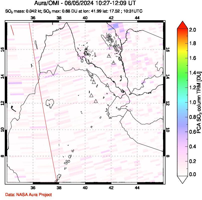 A sulfur dioxide image over Afar and southern Red Sea on Jun 05, 2024.