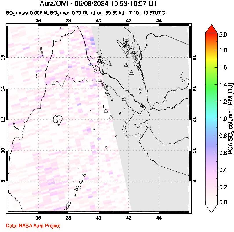 A sulfur dioxide image over Afar and southern Red Sea on Jun 08, 2024.