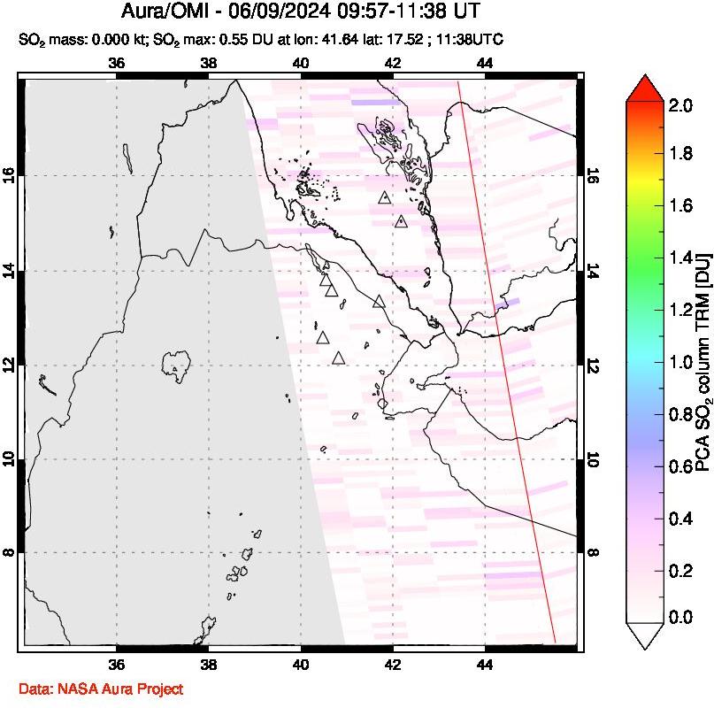 A sulfur dioxide image over Afar and southern Red Sea on Jun 09, 2024.