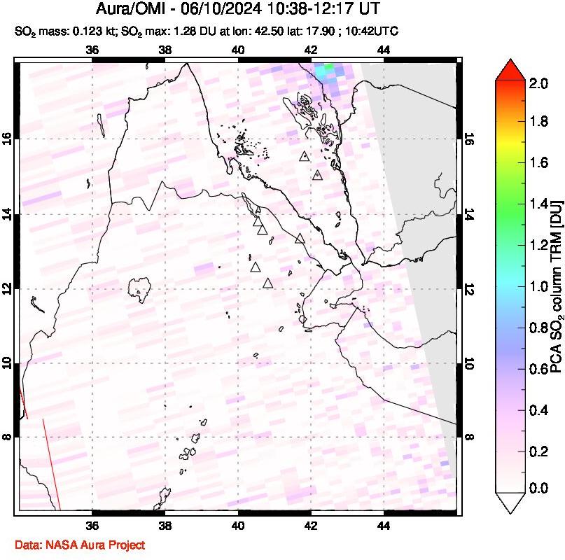 A sulfur dioxide image over Afar and southern Red Sea on Jun 10, 2024.