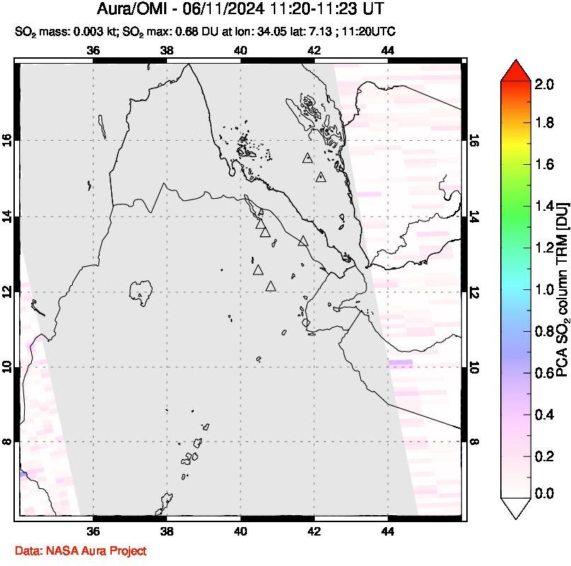 A sulfur dioxide image over Afar and southern Red Sea on Jun 11, 2024.