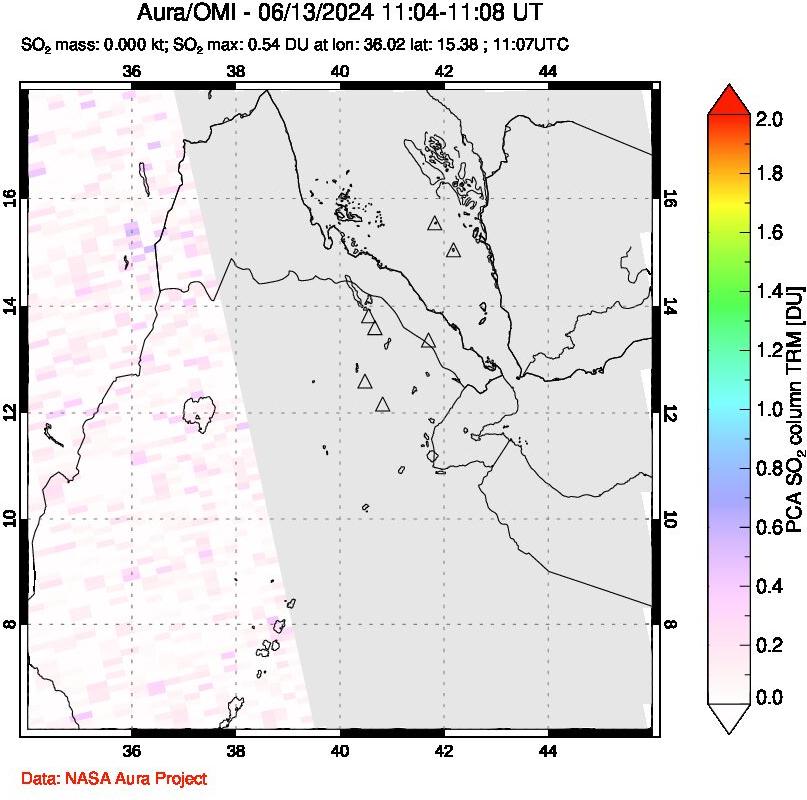 A sulfur dioxide image over Afar and southern Red Sea on Jun 13, 2024.