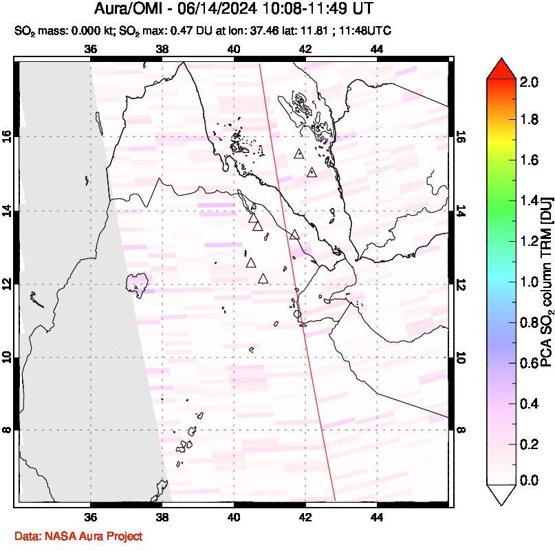 A sulfur dioxide image over Afar and southern Red Sea on Jun 14, 2024.