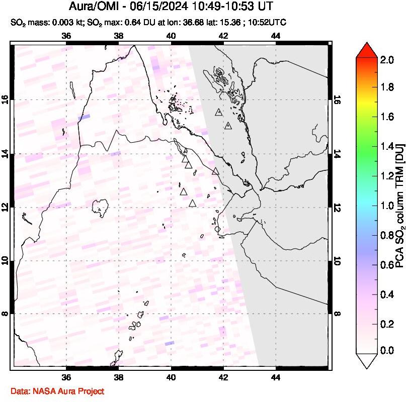 A sulfur dioxide image over Afar and southern Red Sea on Jun 15, 2024.