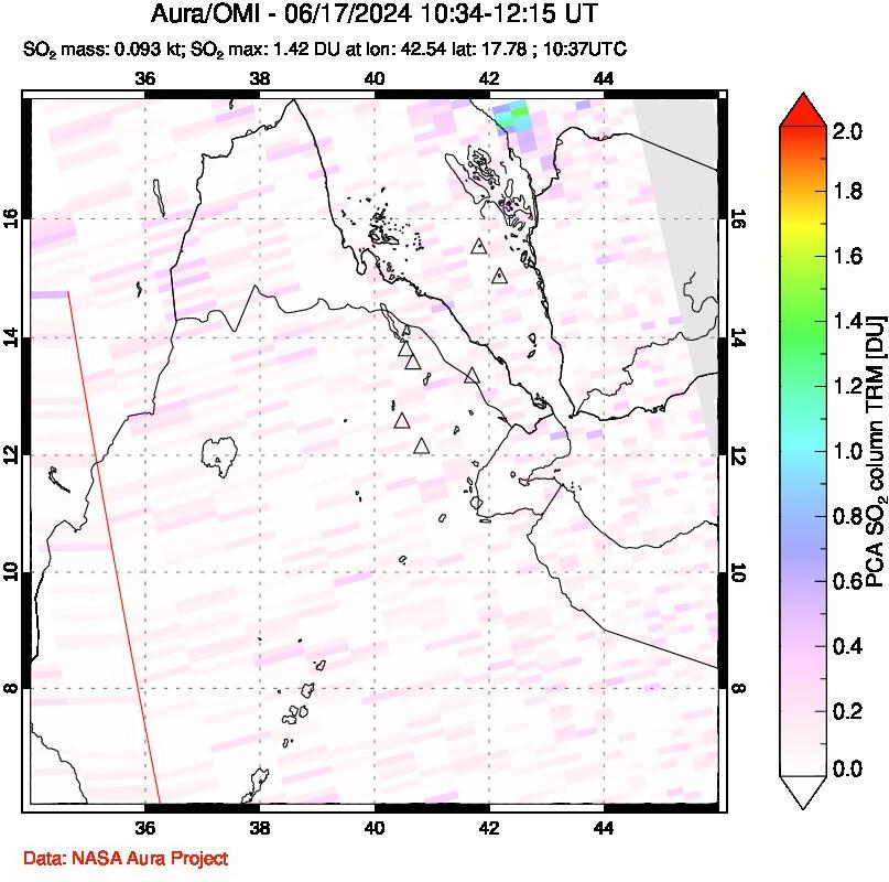 A sulfur dioxide image over Afar and southern Red Sea on Jun 17, 2024.