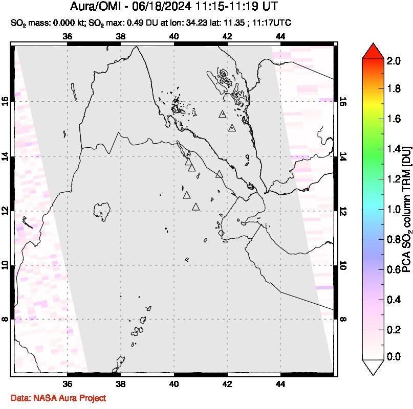 A sulfur dioxide image over Afar and southern Red Sea on Jun 18, 2024.