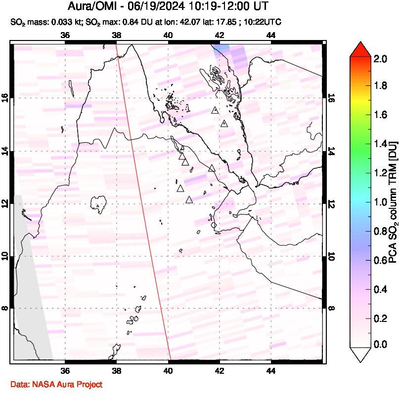 A sulfur dioxide image over Afar and southern Red Sea on Jun 19, 2024.