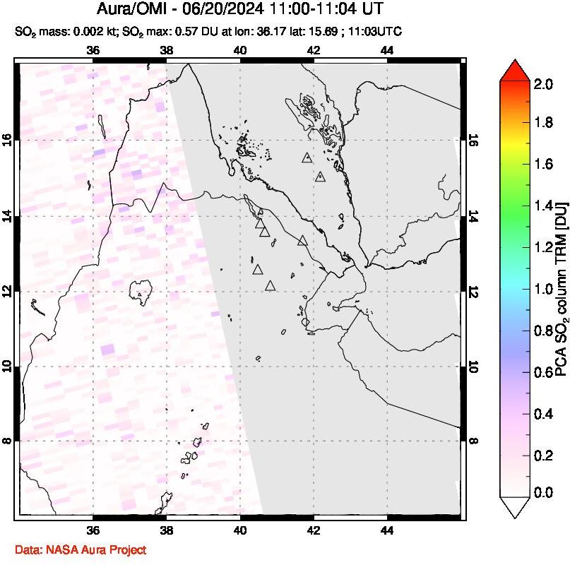 A sulfur dioxide image over Afar and southern Red Sea on Jun 20, 2024.