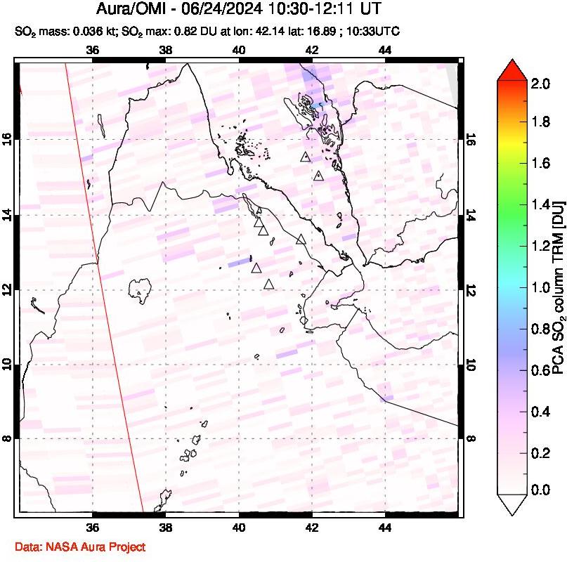 A sulfur dioxide image over Afar and southern Red Sea on Jun 24, 2024.