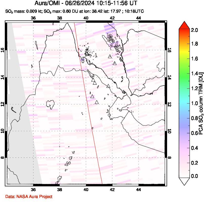 A sulfur dioxide image over Afar and southern Red Sea on Jun 26, 2024.