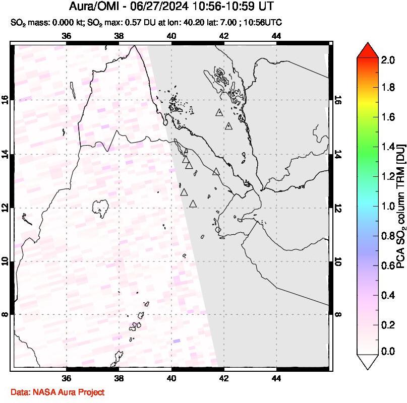 A sulfur dioxide image over Afar and southern Red Sea on Jun 27, 2024.