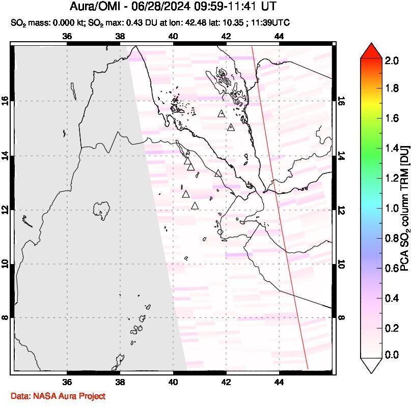 A sulfur dioxide image over Afar and southern Red Sea on Jun 28, 2024.