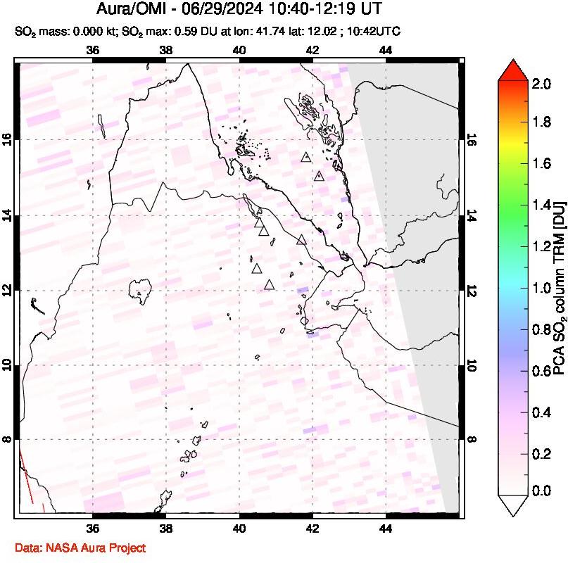 A sulfur dioxide image over Afar and southern Red Sea on Jun 29, 2024.