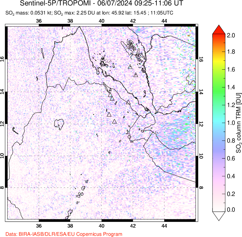 A sulfur dioxide image over Afar and southern Red Sea on Jun 07, 2024.