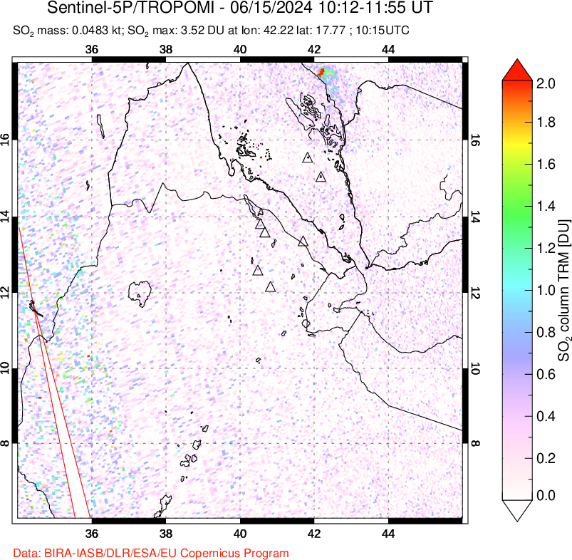 A sulfur dioxide image over Afar and southern Red Sea on Jun 15, 2024.