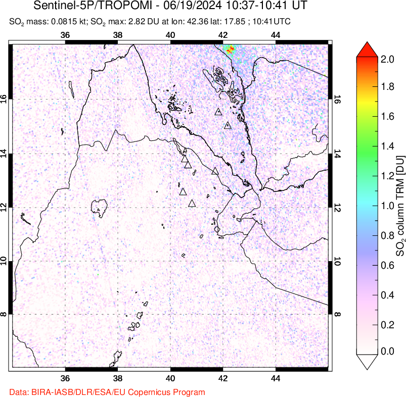 A sulfur dioxide image over Afar and southern Red Sea on Jun 19, 2024.