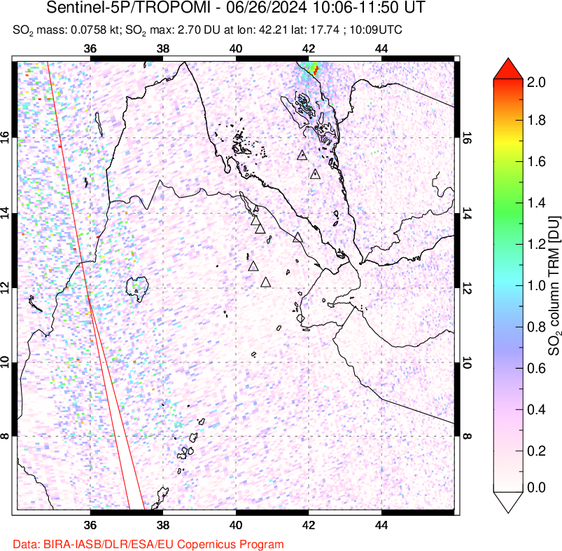 A sulfur dioxide image over Afar and southern Red Sea on Jun 26, 2024.