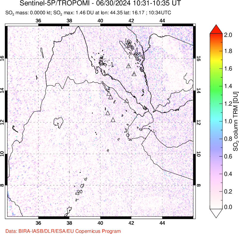 A sulfur dioxide image over Afar and southern Red Sea on Jun 30, 2024.