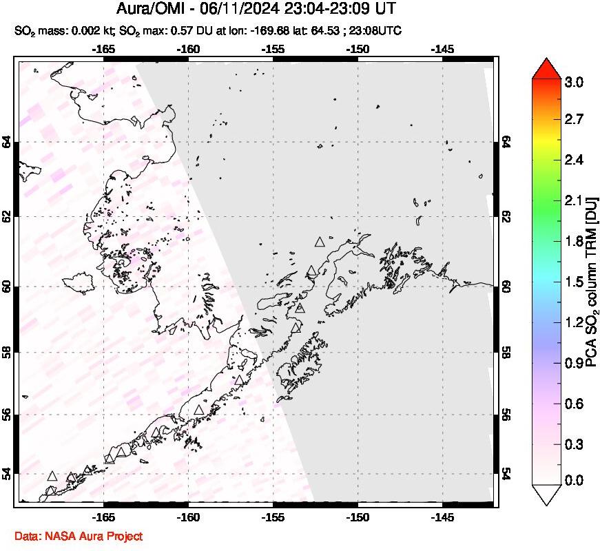 A sulfur dioxide image over Alaska, USA on Jun 11, 2024.