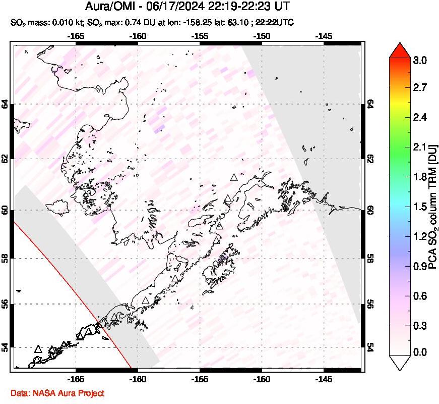 A sulfur dioxide image over Alaska, USA on Jun 17, 2024.