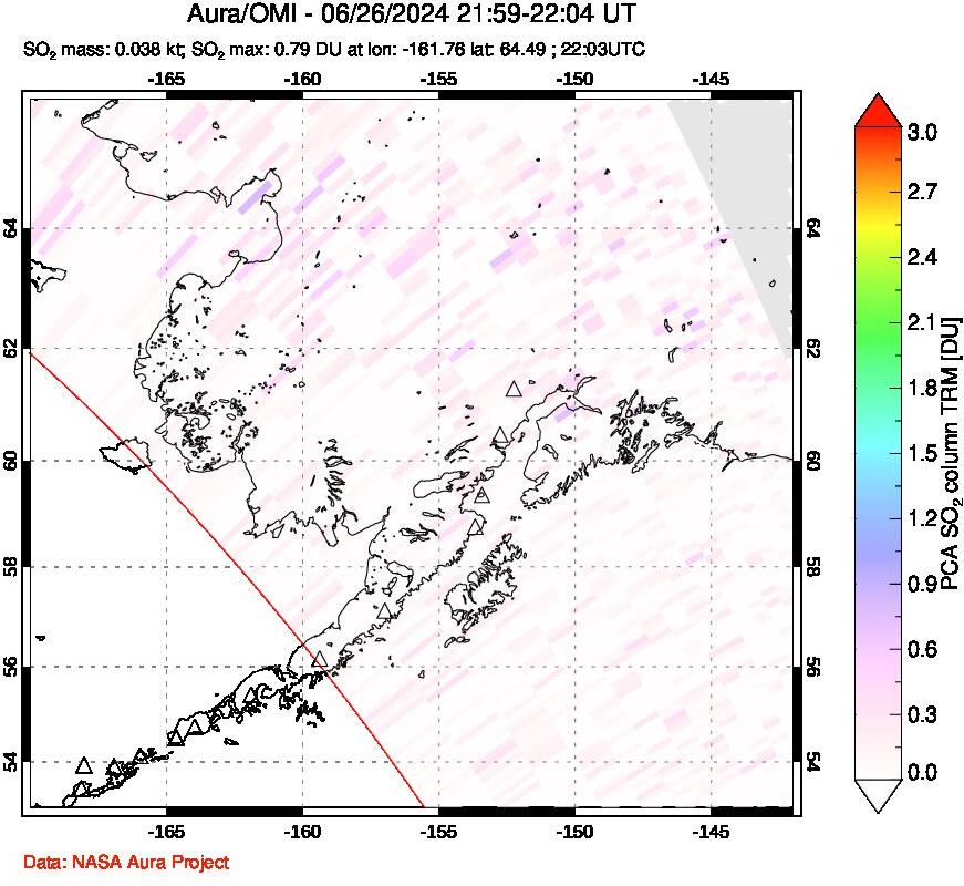 A sulfur dioxide image over Alaska, USA on Jun 26, 2024.