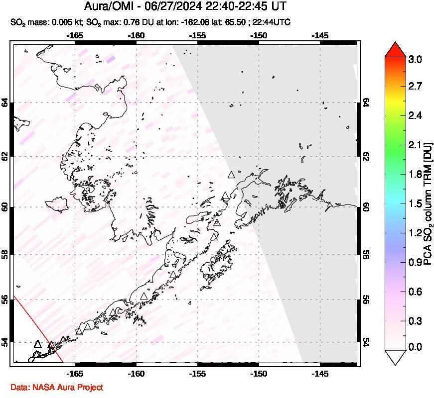 A sulfur dioxide image over Alaska, USA on Jun 27, 2024.