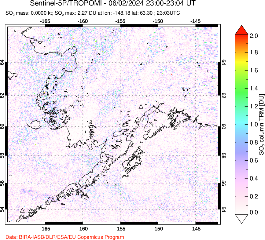 A sulfur dioxide image over Alaska, USA on Jun 02, 2024.