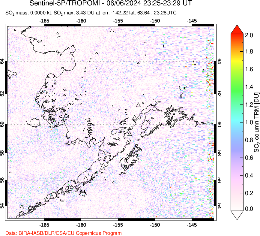 A sulfur dioxide image over Alaska, USA on Jun 06, 2024.