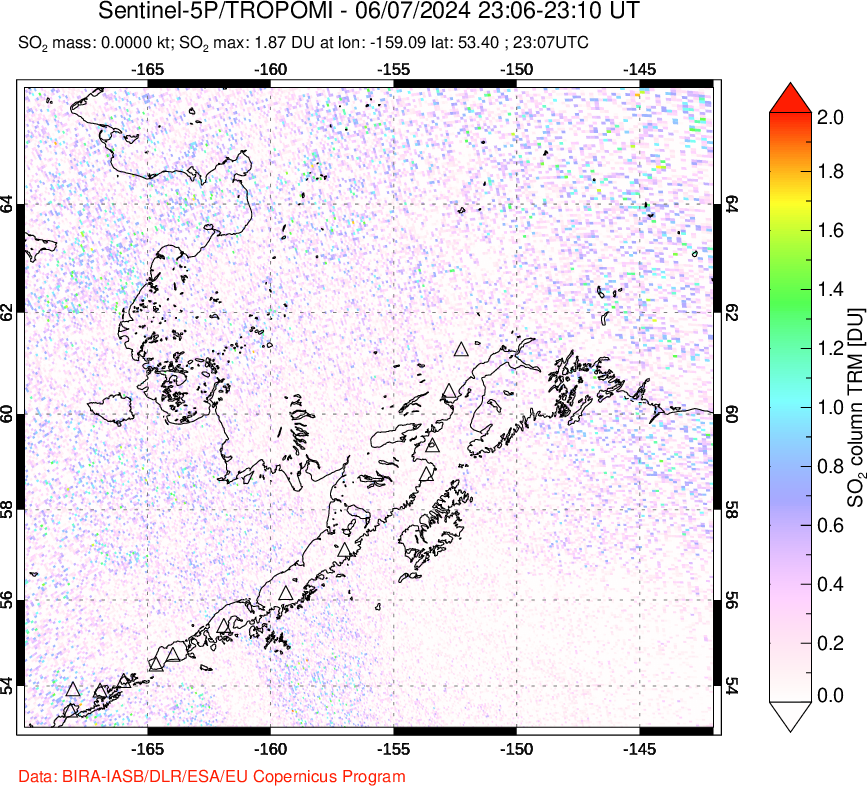 A sulfur dioxide image over Alaska, USA on Jun 07, 2024.