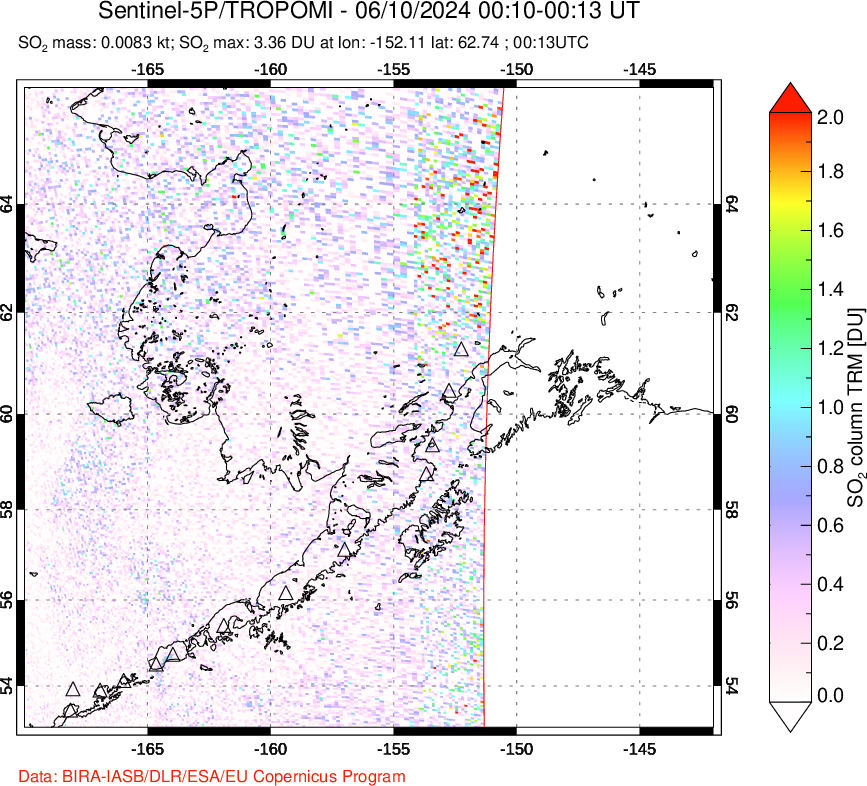 A sulfur dioxide image over Alaska, USA on Jun 10, 2024.