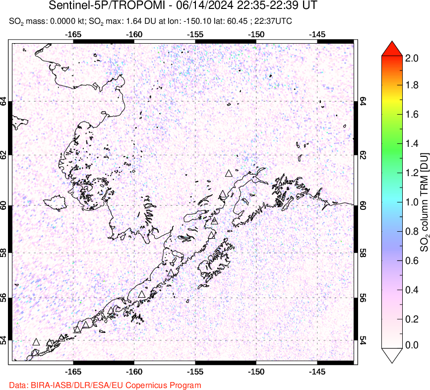 A sulfur dioxide image over Alaska, USA on Jun 14, 2024.