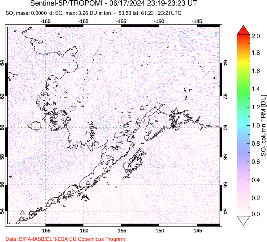 A sulfur dioxide image over Alaska, USA on Jun 17, 2024.