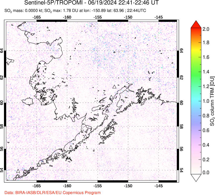 A sulfur dioxide image over Alaska, USA on Jun 19, 2024.